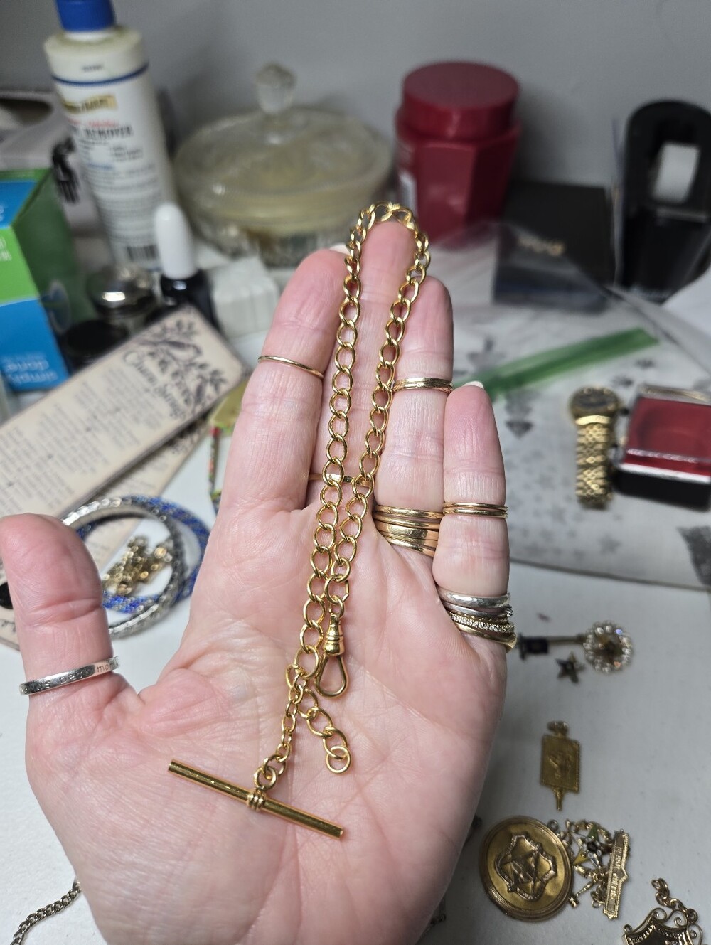 RARE FIND.  12k Gold Filled Pocket Watch Chain T-Bar Necklace - Gold